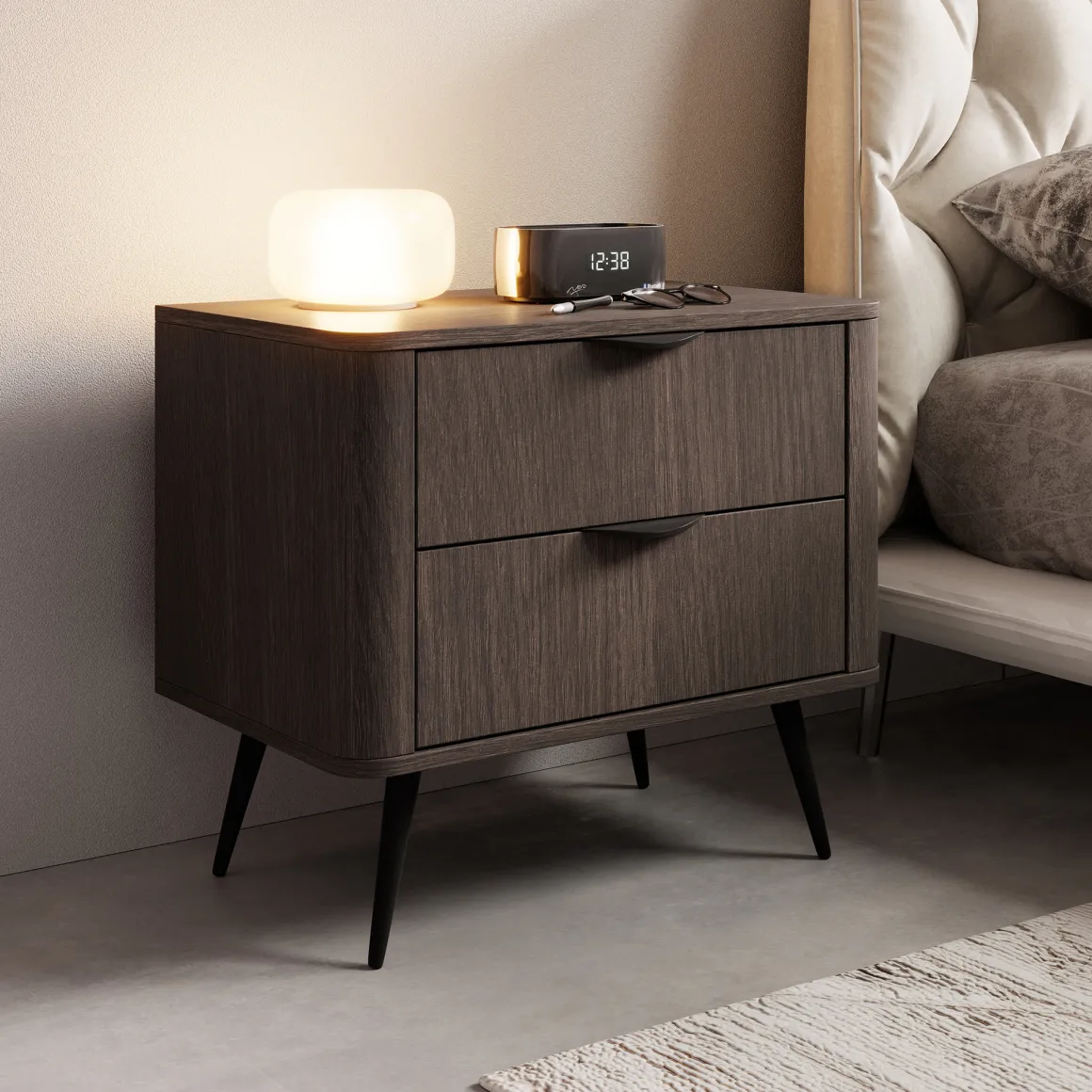 Comodino Marrone Noce Nero 2 Cassetti un Ripiano 63x38x55h cm, Apertura Scorrevole - Gasi