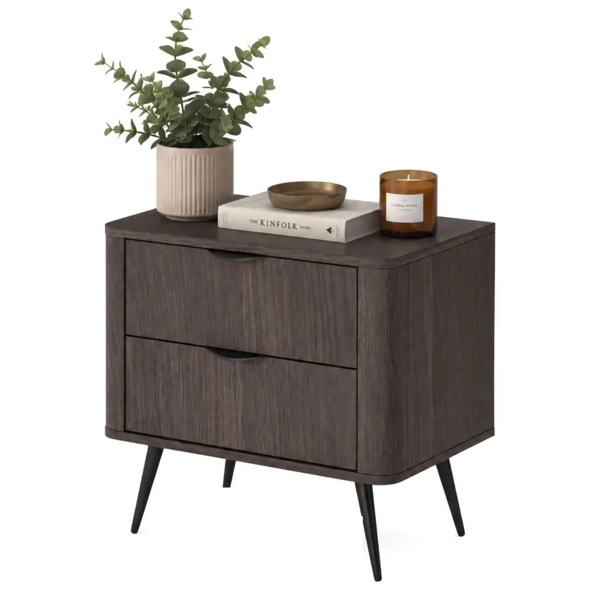 Comodino Marrone Noce Nero 2 Cassetti un Ripiano 63x38x55h cm, Apertura Scorrevole - Gasi