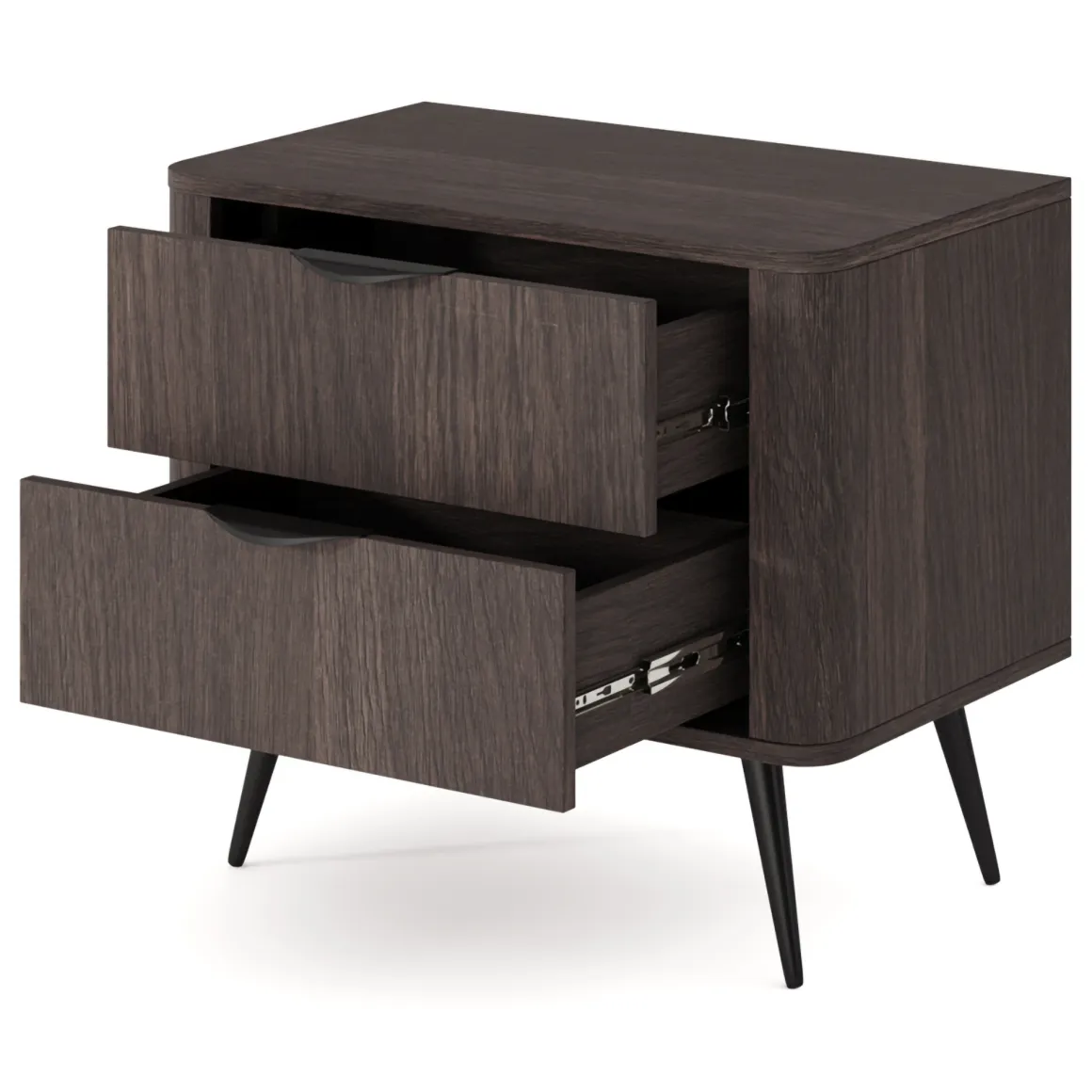Comodino Marrone Noce Nero 2 Cassetti un Ripiano 63x38x55h cm, Apertura Scorrevole - Gasi