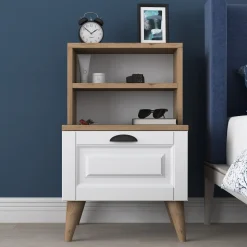 Comodino Marrone Rovere Bianco un Cassetto un Ripiano 45x40x74h cm, Apertura Scorrevole - Salassa