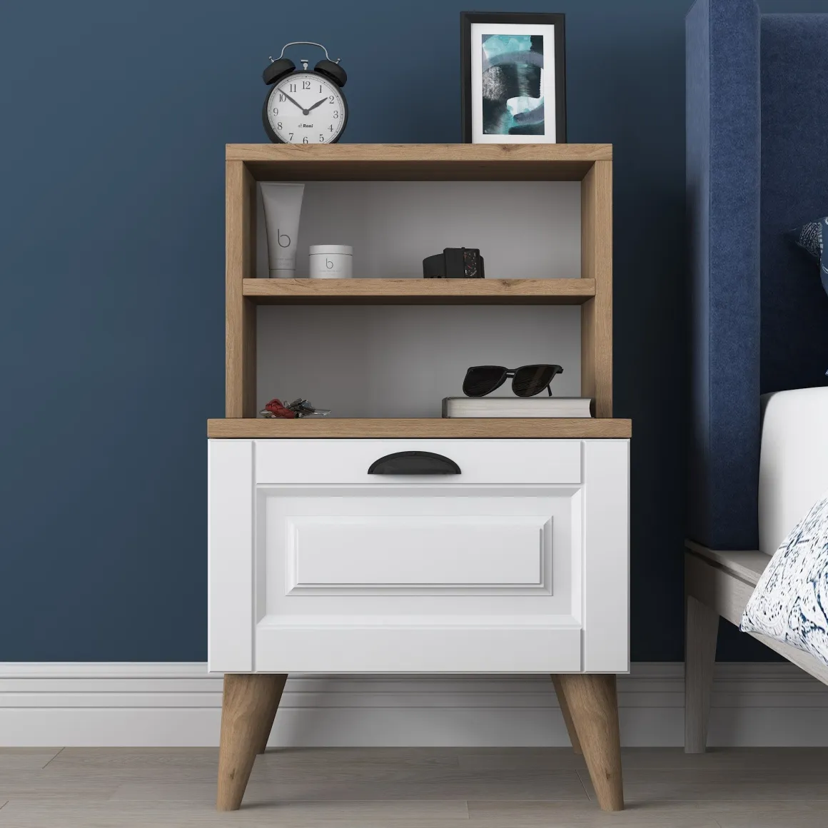 Comodino Marrone Rovere Bianco un Cassetto un Ripiano 45x40x74h cm, Apertura Scorrevole - Salassa