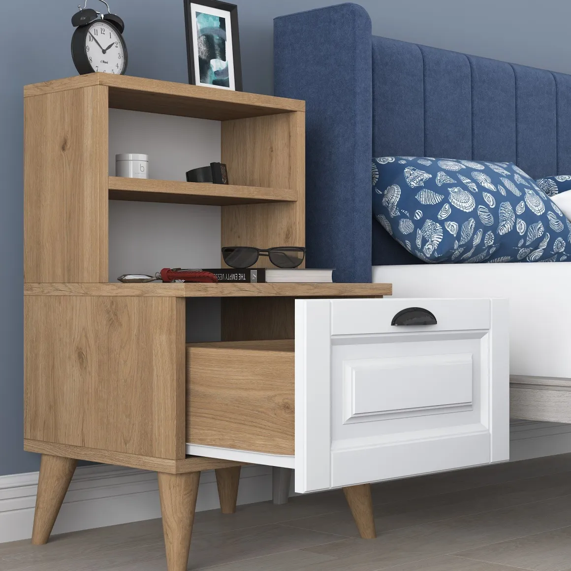 Comodino Marrone Rovere Bianco un Cassetto un Ripiano 45x40x74h cm, Apertura Scorrevole - Salassa