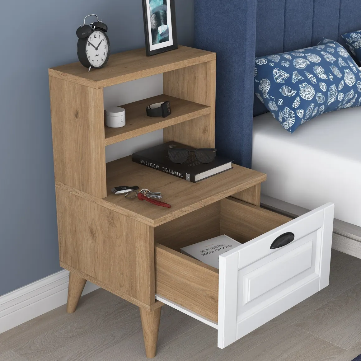 Comodino Marrone Rovere Bianco un Cassetto un Ripiano 45x40x74h cm, Apertura Scorrevole - Salassa