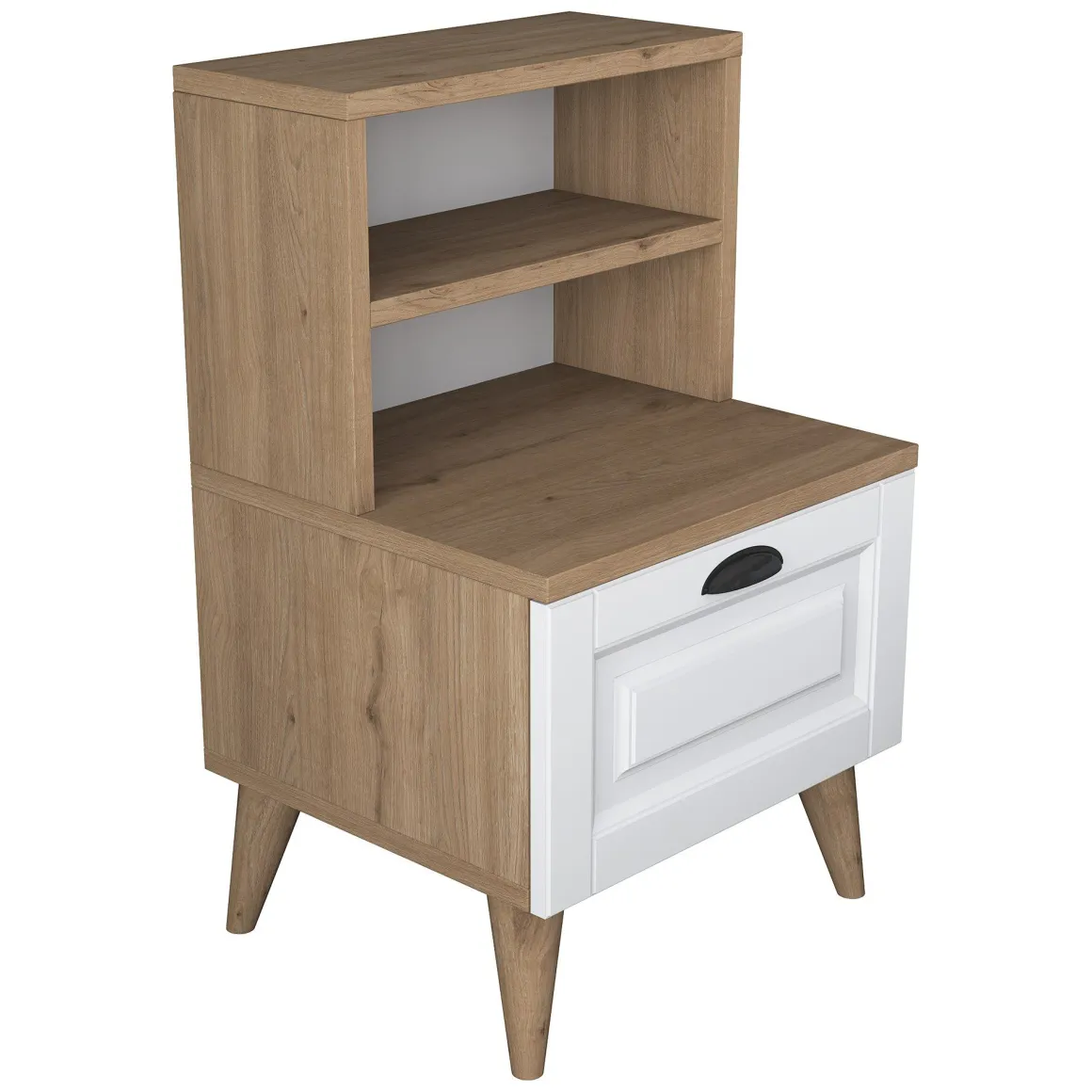 Comodino Marrone Rovere Bianco un Cassetto un Ripiano 45x40x74h cm, Apertura Scorrevole - Salassa