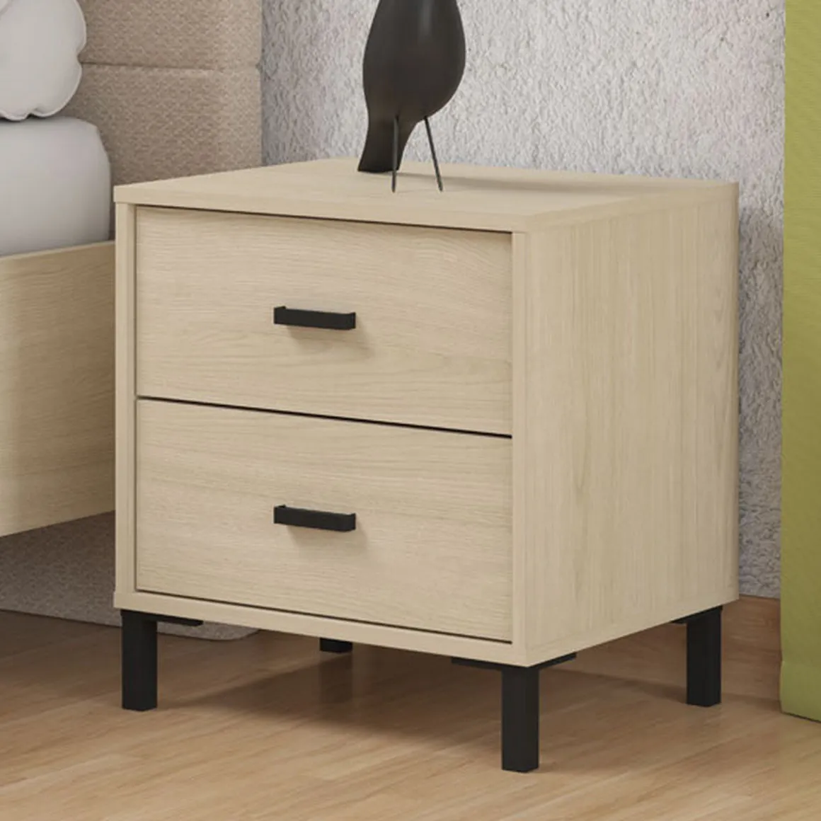 Comodino Marrone Rovere Nero 2 Cassetti un Ripiano 48x40x52h cm, Apertura Scorrevole - Piea