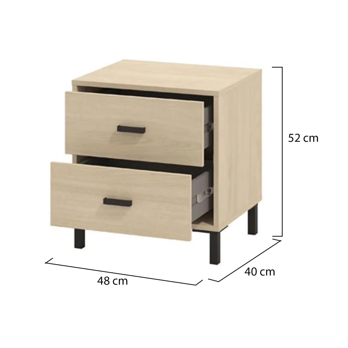 Comodino Marrone Rovere Nero 2 Cassetti un Ripiano 48x40x52h cm, Apertura Scorrevole - Piea