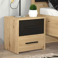 Comodini > Dmora Comodino Marrone Rovere Nodi Nero 2 Cassetti un Ripiano 44.5x33.5x43h cm, Apertura Scorrevole - Uzzano Nero, Marrone Rovere Nodi