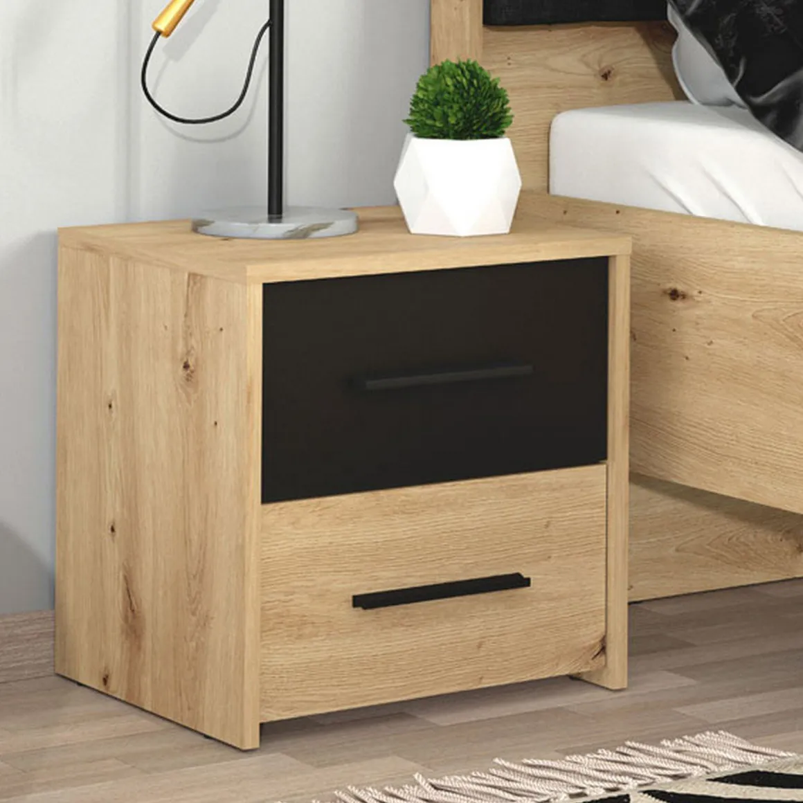 Comodini > Dmora Comodino Marrone Rovere Nodi Nero 2 Cassetti un Ripiano 44.5x33.5x43h cm, Apertura Scorrevole - Uzzano Nero, Marrone Rovere Nodi