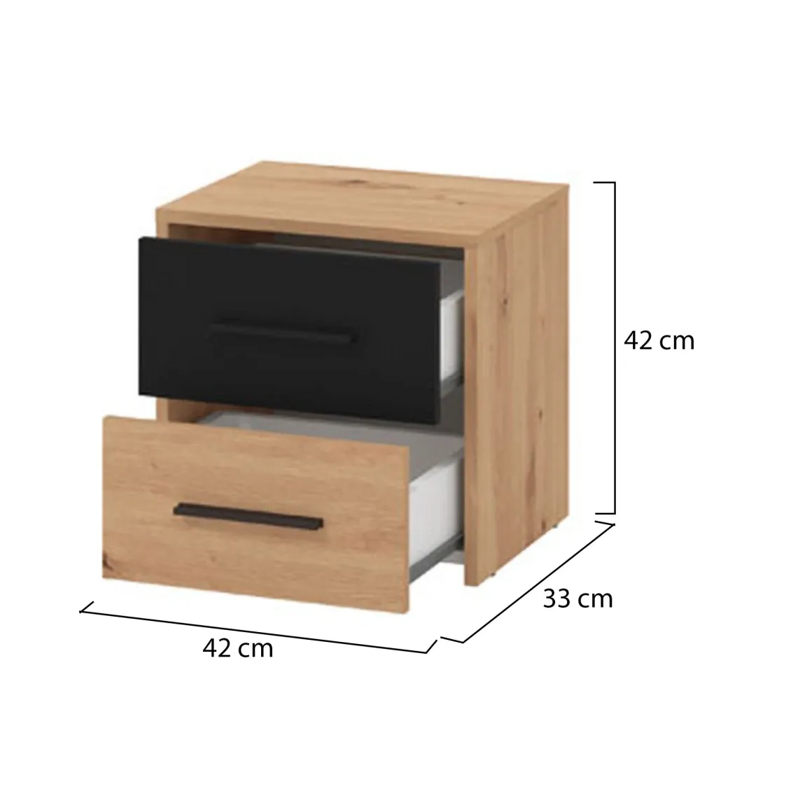 Comodini > Dmora Comodino Marrone Rovere Nodi Nero 2 Cassetti un Ripiano 44.5x33.5x43h cm, Apertura Scorrevole - Uzzano Nero, Marrone Rovere Nodi