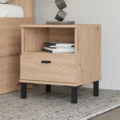 Comodino Marrone Rovere un Cassetto 2 Ripiani 39x35x45h cm, Apertura Scorrevole - Jinja