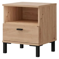 Comodino Marrone Rovere un Cassetto 2 Ripiani 39x35x45h cm, Apertura Scorrevole - Jinja
