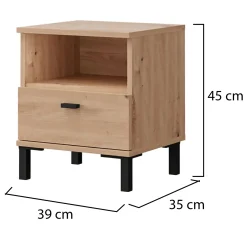 Comodino Marrone Rovere un Cassetto 2 Ripiani 39x35x45h cm, Apertura Scorrevole - Jinja