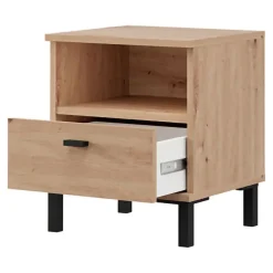 Comodino Marrone Rovere un Cassetto 2 Ripiani 39x35x45h cm, Apertura Scorrevole - Jinja