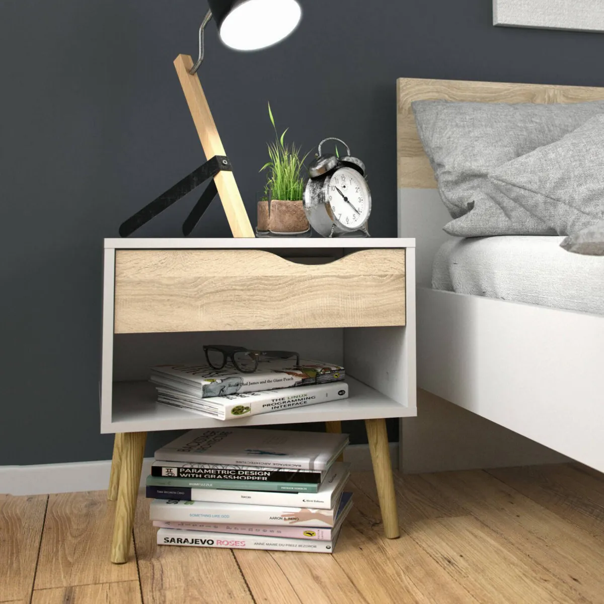 Comodini > Dmora Comodino moderno bianco e quercia 50x39x49h cm - Lucina Marrone, Bianco Quercia