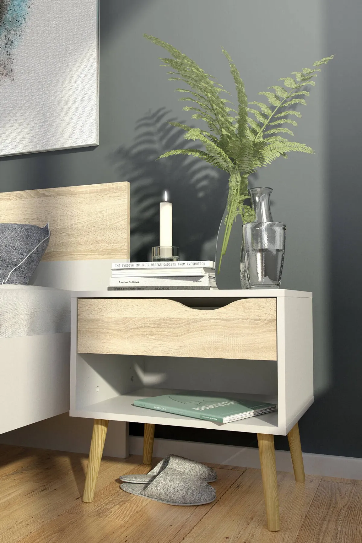 Comodini > Dmora Comodino moderno bianco e quercia 50x39x49h cm - Lucina Marrone, Bianco Quercia