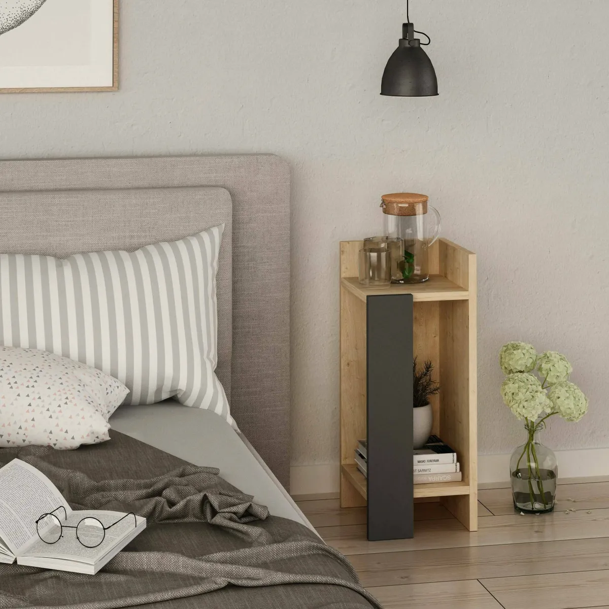Comodini|Camera Da Letto > Dmora Comodino moderno quercia e antracite 25x27x60h cm - Germana Nero Antracite, Marrone Quercia