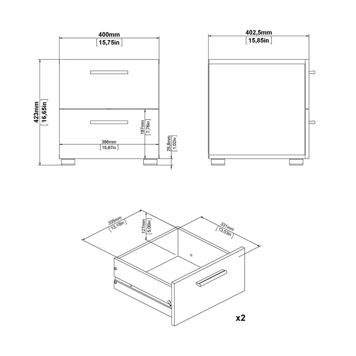 Comodino moderno quercia e bianco lucido 40x40x42h cm - Fedora