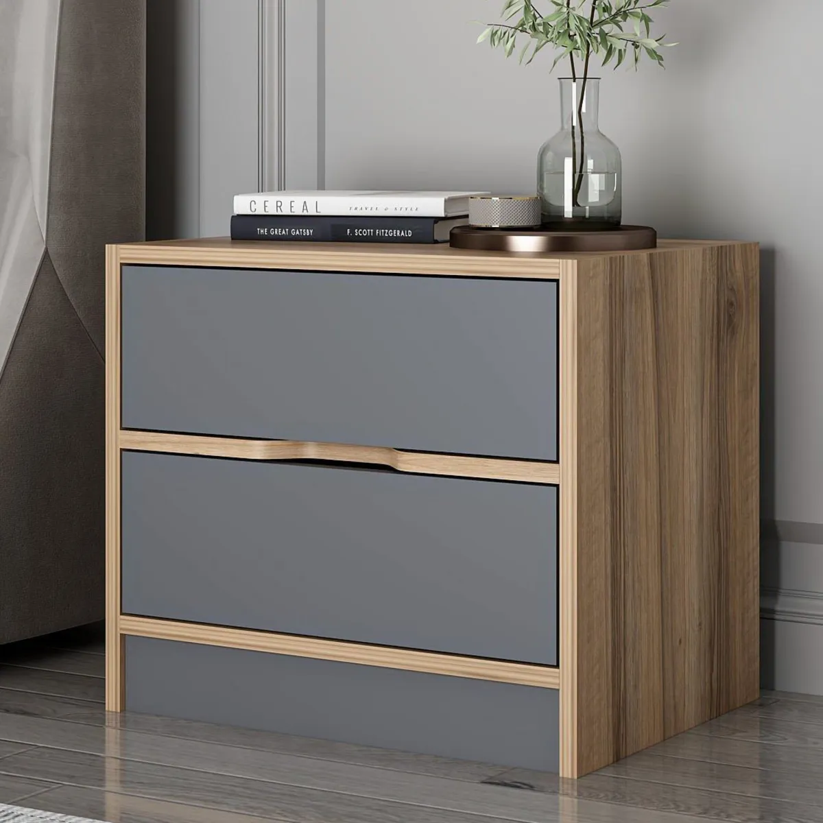 Comodini > Dmora Comodino Nero Antracite Marrone Noce 4 Cassetti Apertura Scorrevole 54x40x47h cm, Chiusura Scorrevole - Legnago Marrone Noce, Nero Antracite