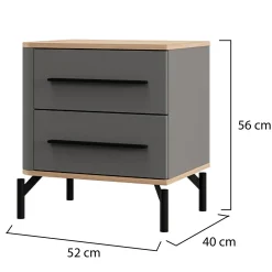 Comodino Nero Antracite Marrone Rovere 2 Cassetti un Ripiano 52x40x56h cm, Apertura Scorrevole - Ojai