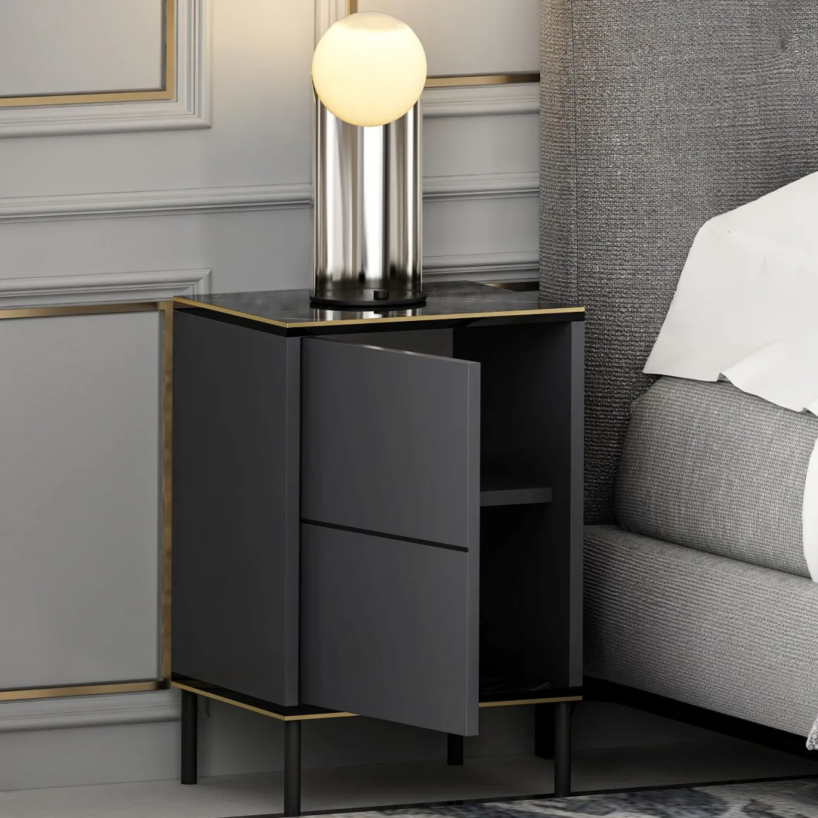 Comodino Nero Antracite oro un Ripiano Apertura Battente 40x35x60h cm, Un'anta - Vestone