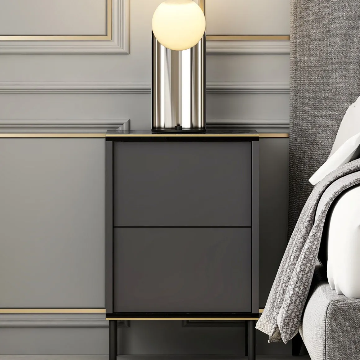 Comodino Nero Antracite oro un Ripiano Apertura Battente 40x35x60h cm, Un'anta - Vestone