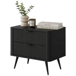 Comodino Nero 2 Cassetti un Ripiano 63x38x55h cm, Apertura Scorrevole - Baari