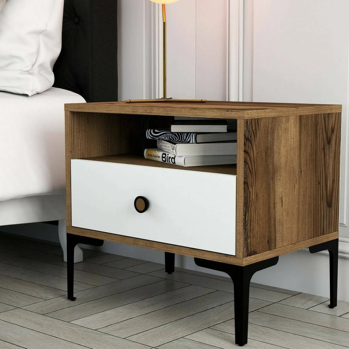 Comodini|Camera Da Letto > Dmora Comodino 2 ripiani noce e bianco 56x40x50h cm - Editta Bianco, Marrone Noce