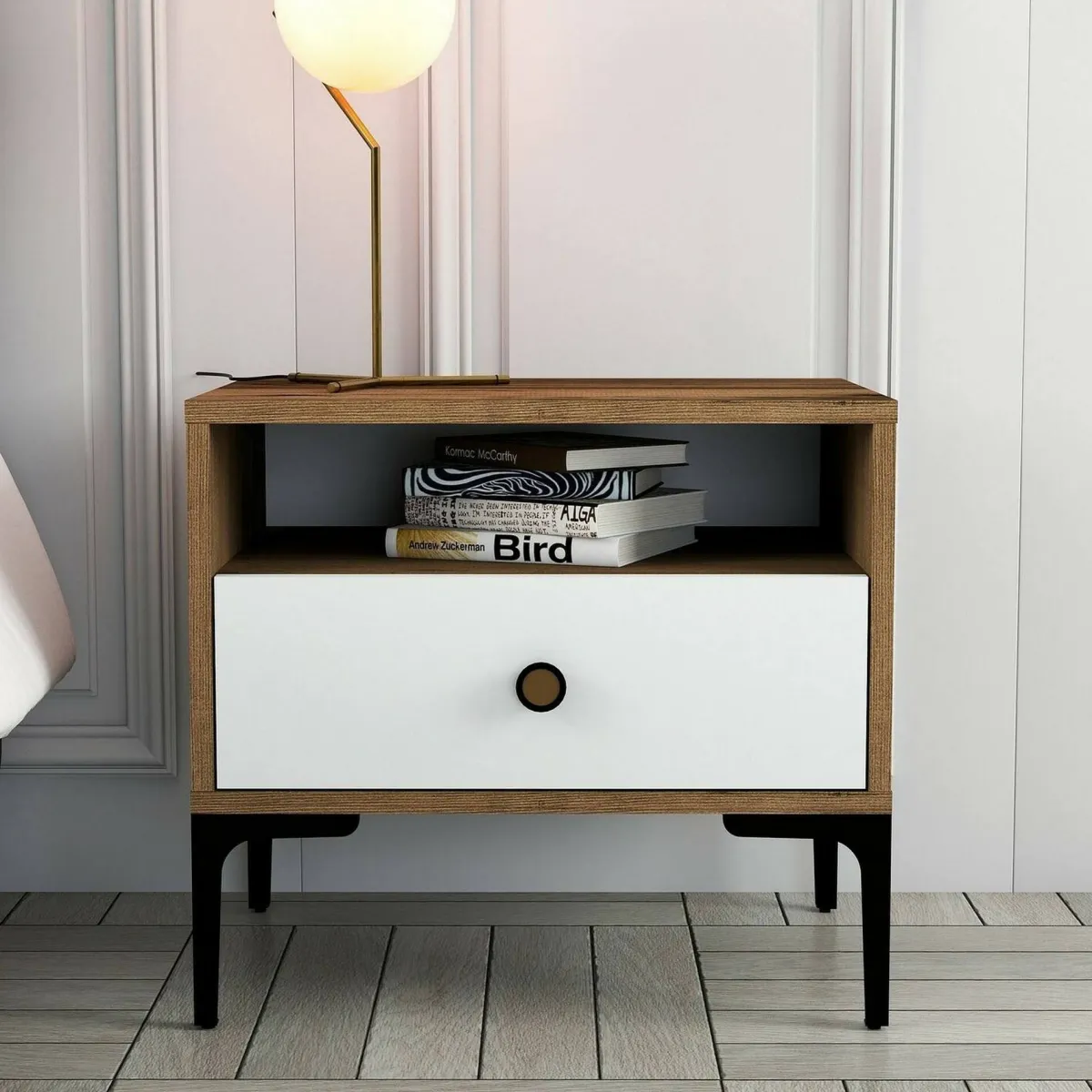 Comodini|Camera Da Letto > Dmora Comodino 2 ripiani noce e bianco 56x40x50h cm - Editta Bianco, Marrone Noce