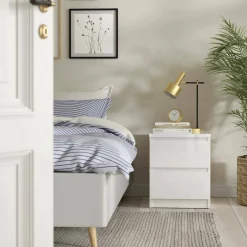 Comodini > Dmora Comodino 1 ripiano bianco lucido e rovere 45x43x55h cm - Aucuba Marrone Rovere, Bianco Lucido