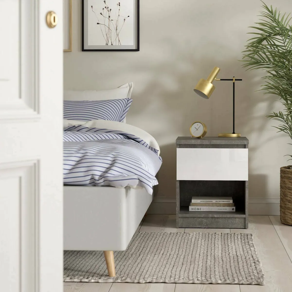 Comodini > Dmora Comodino 1 ripiano cemento e bianco lucido 40x40x49h cm - Scolastica Bianco Lucido, Grigio Cemento