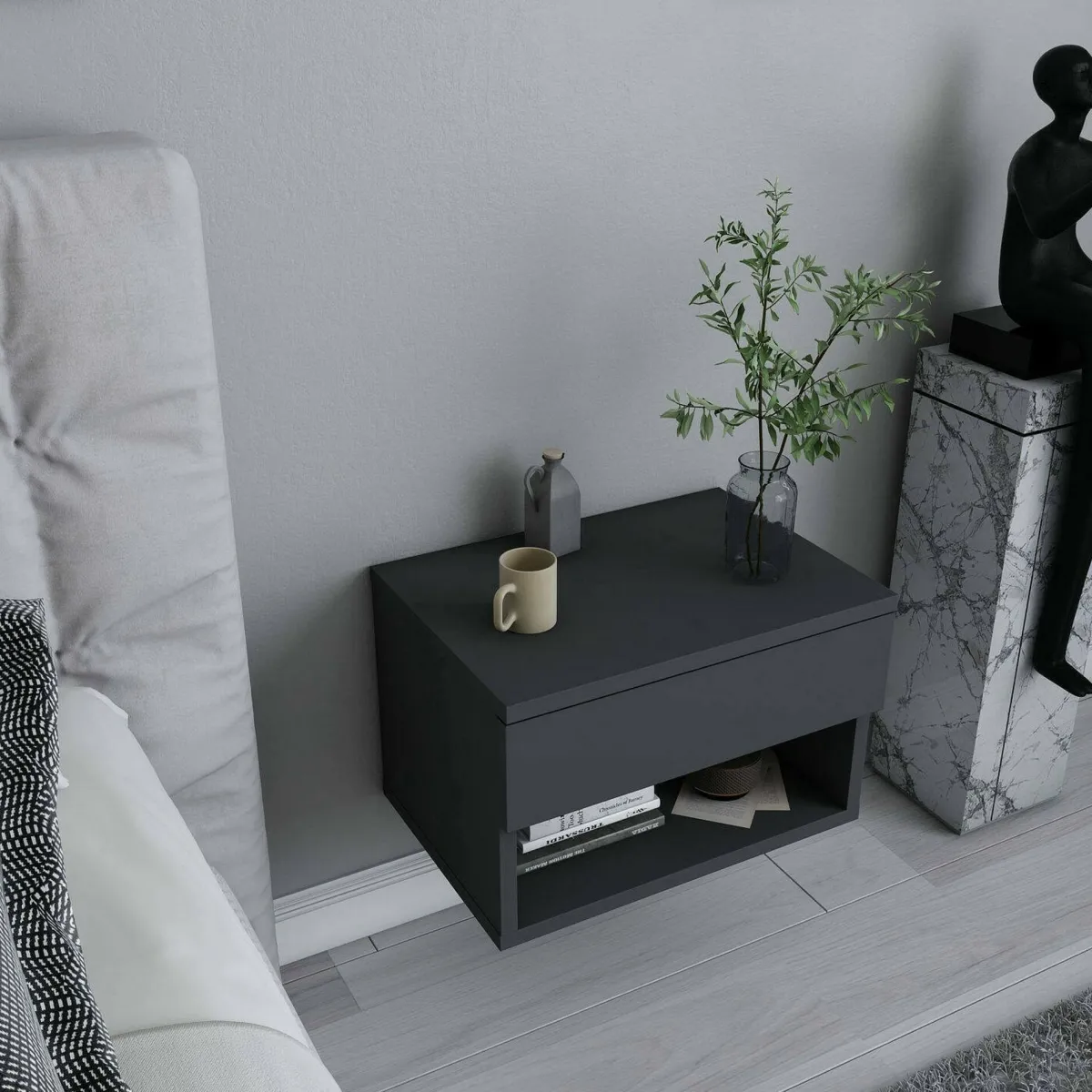 Comodini|Camera Da Letto > Dmora Comodino sospeso antracite 44x29x31h cm - Serpente Nero Antracite