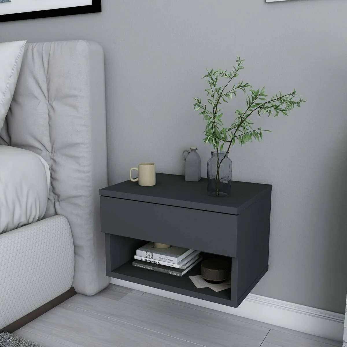 Comodini|Camera Da Letto > Dmora Comodino sospeso antracite 44x29x31h cm - Serpente Nero Antracite