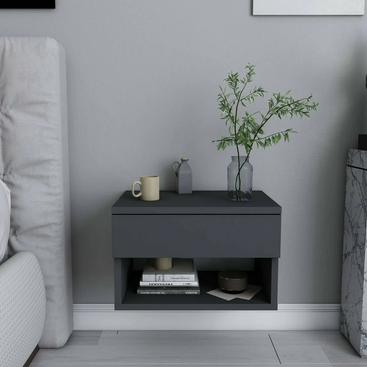Comodini|Camera Da Letto > Dmora Comodino sospeso antracite 44x29x31h cm - Serpente Nero Antracite