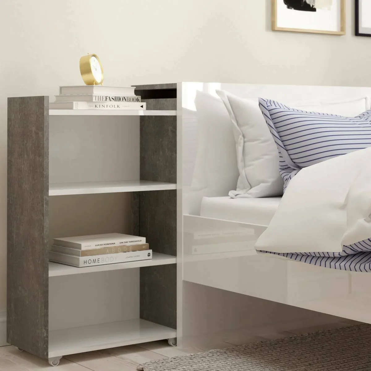 Comodini > Dmora Comodino stretto cemento e bianco lucido 144x26x79h cm - Peridoto Bianco Lucido, Grigio Cemento