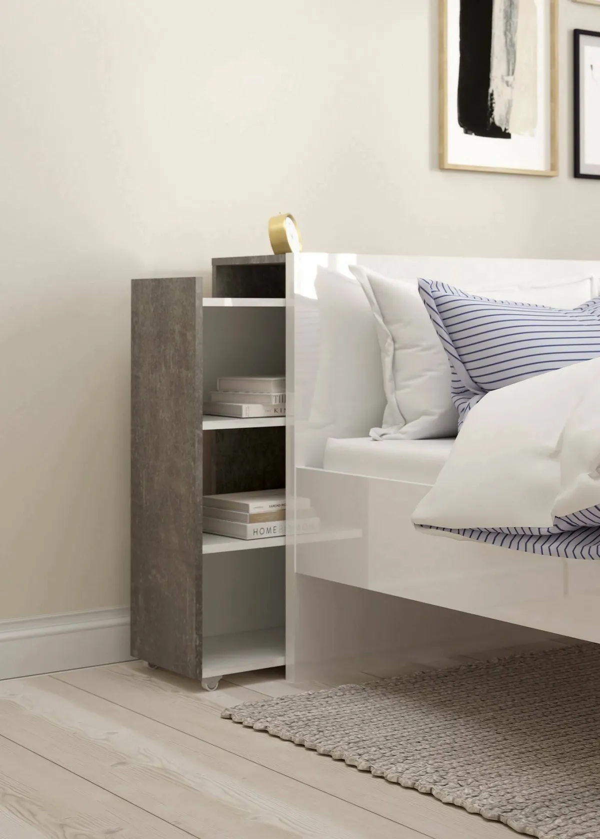 Comodini > Dmora Comodino stretto cemento e bianco lucido 144x26x79h cm - Peridoto Bianco Lucido, Grigio Cemento
