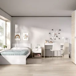 Composizione Camera da Letto Bianco Marrone Rovere 2 Cassetti Reversibile 195x96x68h cm, Dimensione Materasso 90x190 cm - Winnemu
