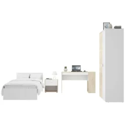 Composizione Camera da Letto Bianco Marrone Rovere 2 Cassetti Reversibile 195x96x68h cm, Dimensione Materasso 90x190 cm - Winnemu