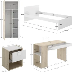 Composizione Camera da Letto Bianco Marrone Rovere 2 Cassetti Reversibile 195x96x68h cm, Dimensione Materasso 90x190 cm - Winnemu