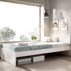 Composizione Camera da Letto Bianco Marrone Rovere 2 Cassetti Reversibile 195x96x68h cm, Dimensione Materasso 90x190 cm - Winnemu