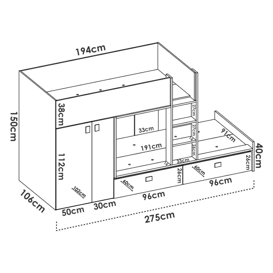 Cameretta|Composizioni Camera Da Letto > Dmora Composizione camera da letto Agle, 244x112h150 cm, Bianco e Antracite Nero, Bianco Antracite