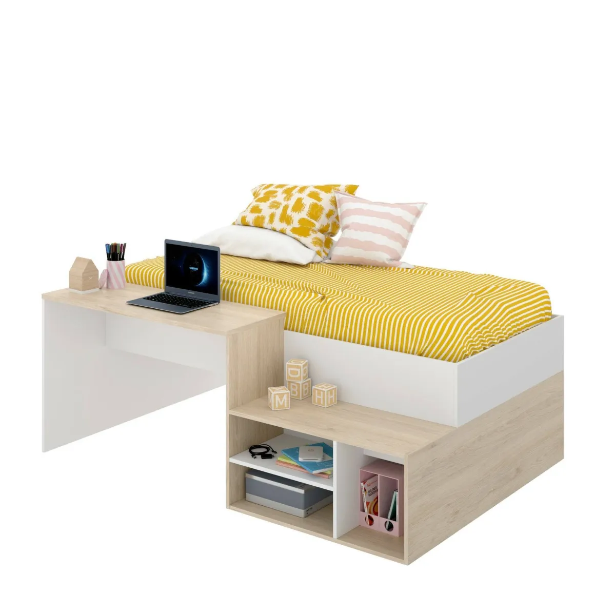 Composizione camera da letto Argh, 195x134h73 cm, Bianco e Rovere