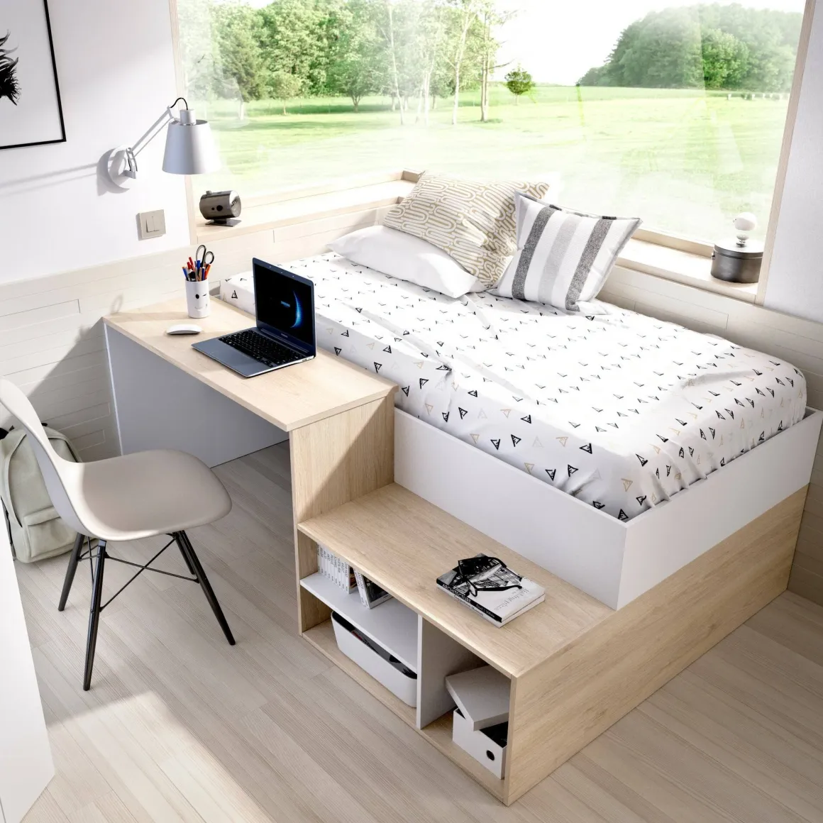 Composizione camera da letto Argh, 195x134h73 cm, Bianco e Rovere