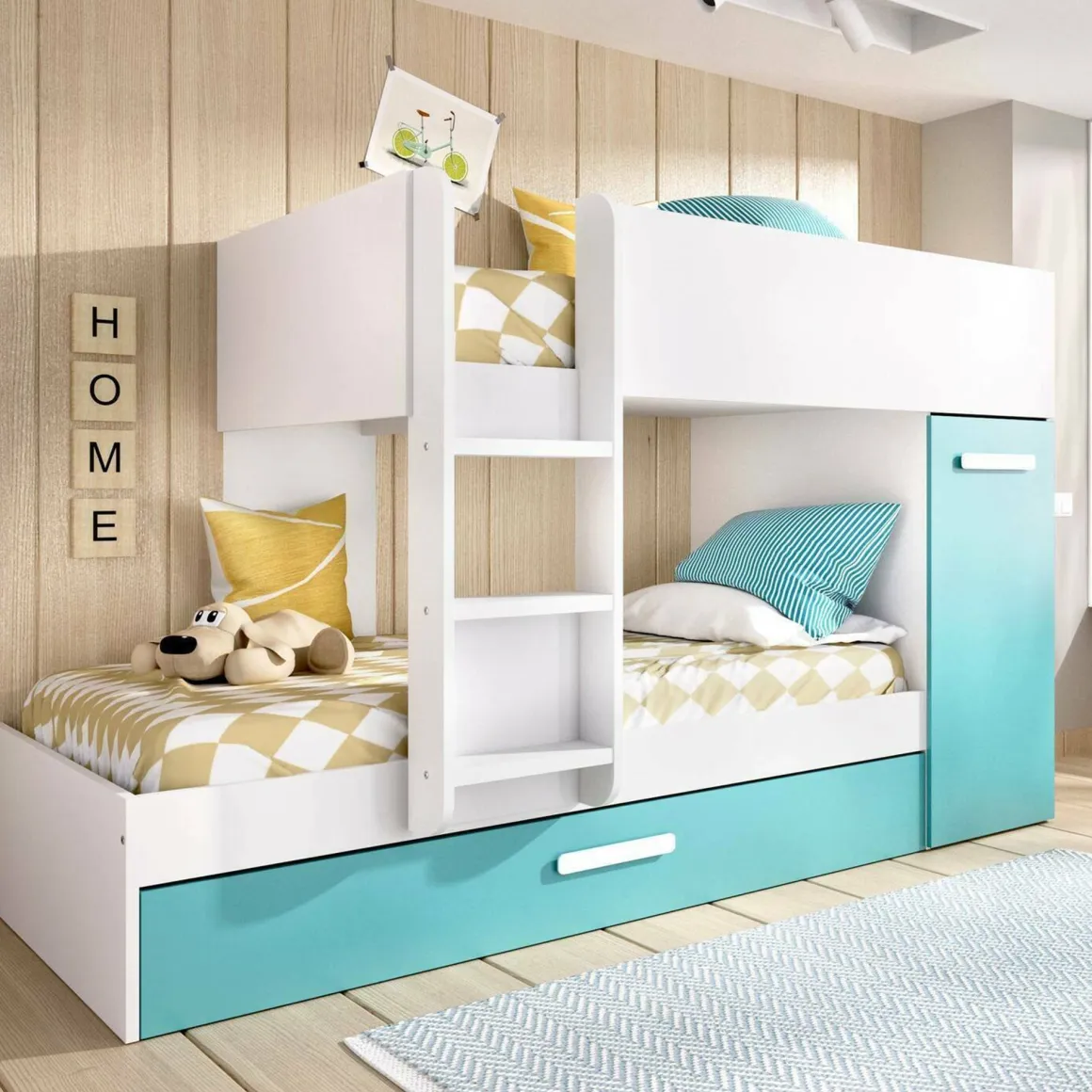 Composizione camera da letto Hikaa, 244x112 h150 cm, Azzurro e Bianco