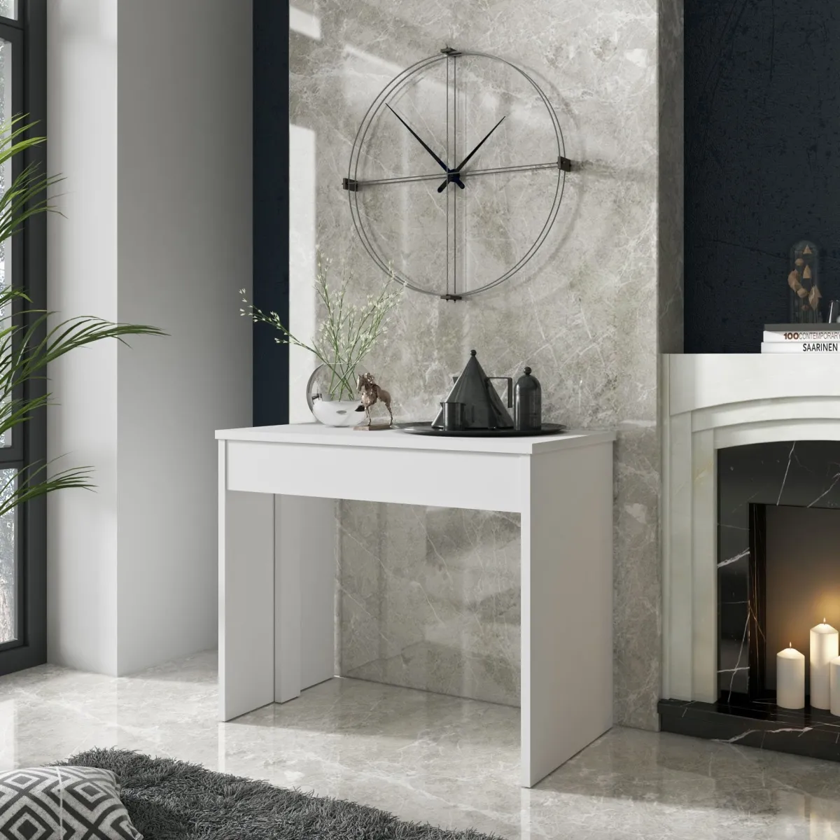 Consolle|Consolle Allungabili > Dmora Consolle Allungabile 12 Posti Allungabile 302x75x90h cm, Meccanismo Estensione Allunghe Centrali - Luisago Bianco