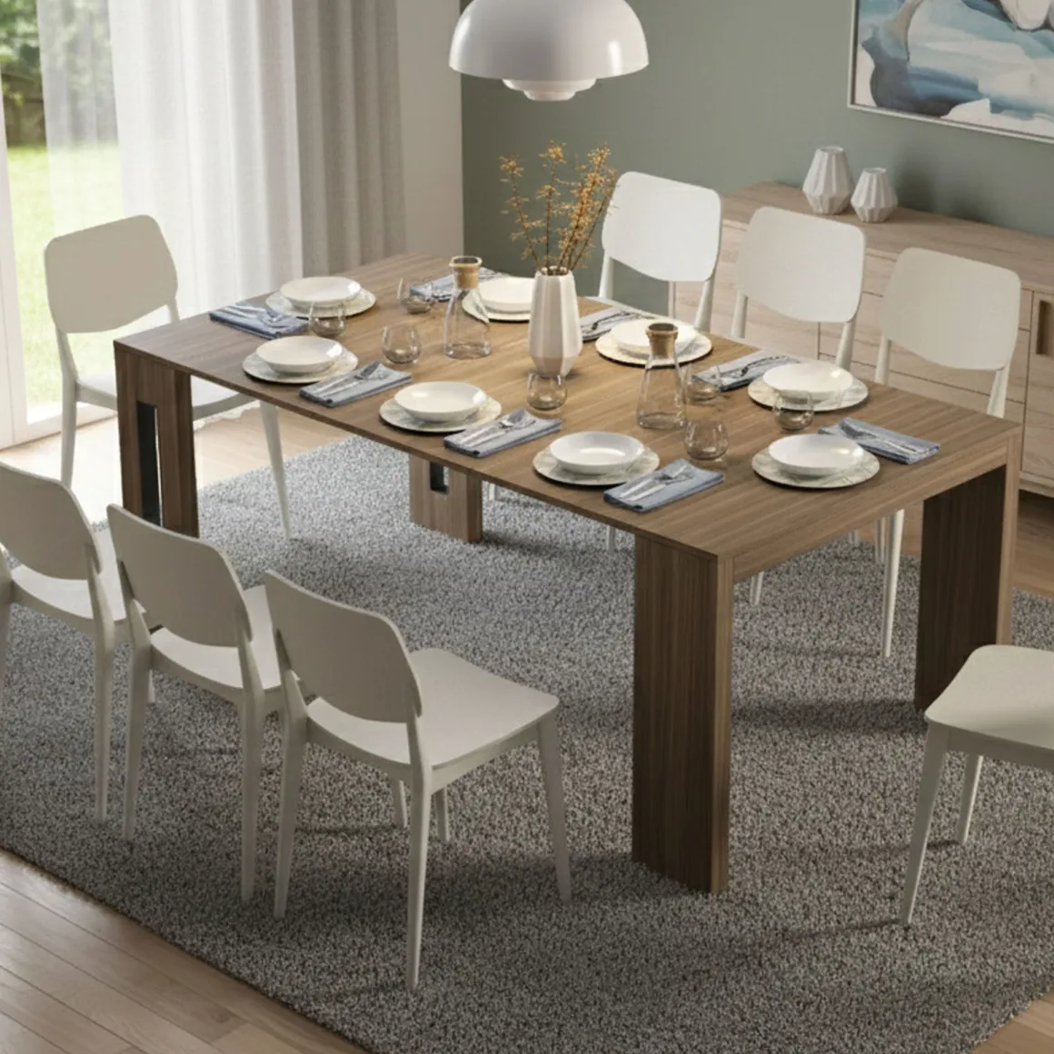 Consolle|Consolle Allungabili > Dmora Consolle Allungabile Allungabile 12 Posti 305.6x90x75.2h cm, Meccanismo Estensione Allunghe Centrali - Gizio Marrone Olmo
