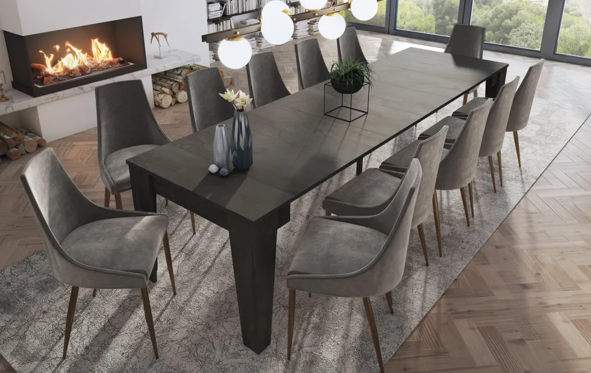 Consolle Allungabile Nero Antracite Allungabile 12 Posti 305.6x90x75.2h cm, Meccanismo Estensione Allunghe Centrali - Gizio