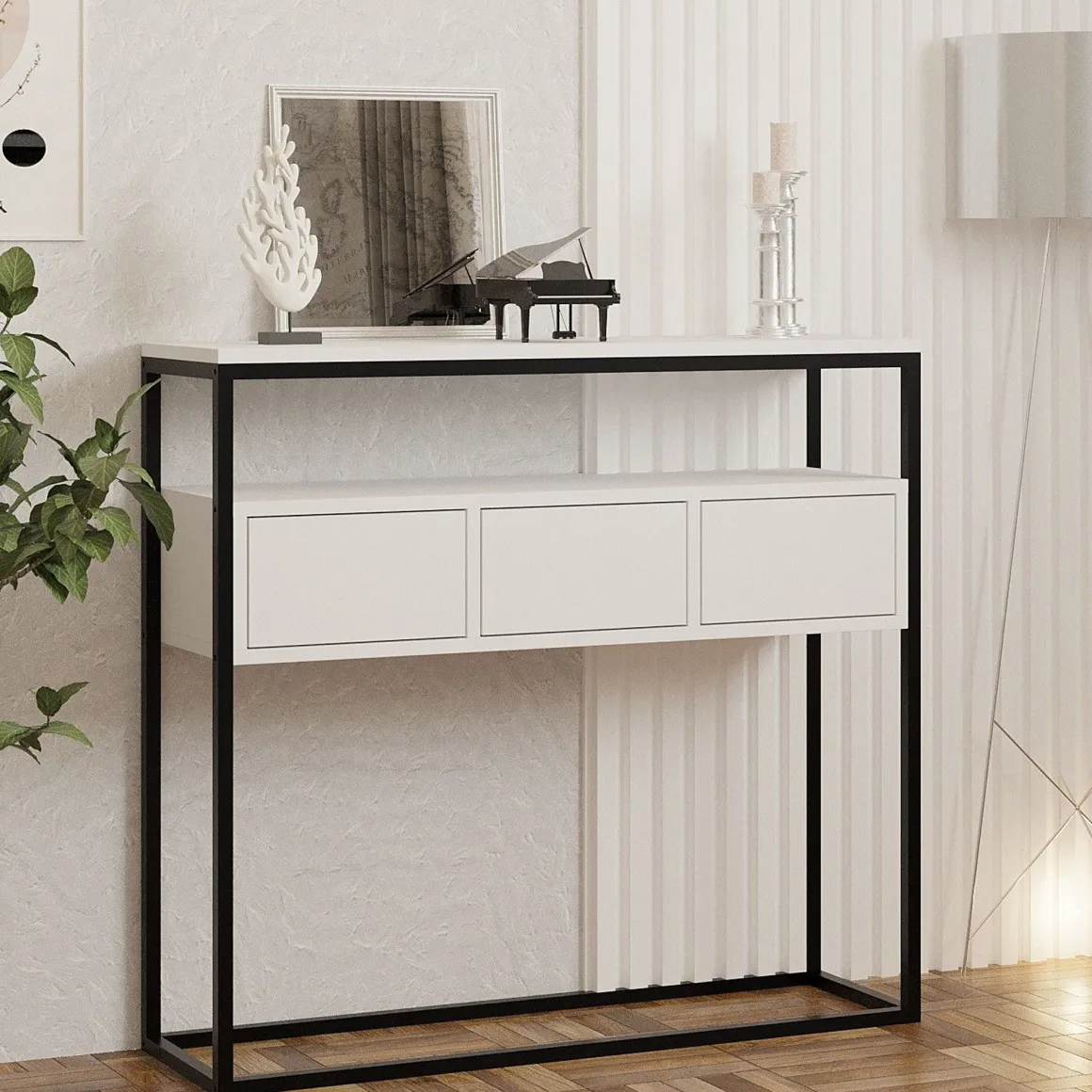 Consolle Bianco Nero un Ripiano un Vano 100x29x90h cm, Colore Struttura Nero - Pianfei