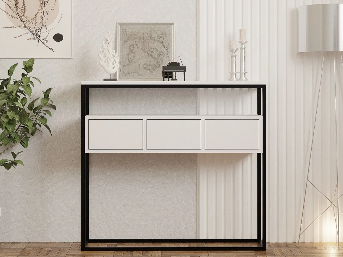 Consolle Bianco Nero un Ripiano un Vano 100x29x90h cm, Colore Struttura Nero - Pianfei