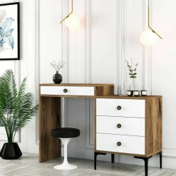Consolle|Salotto > Dmora Consolle da trucco 124x40x84h cm noce e bianco - Artegna Bianco, Marrone Noce