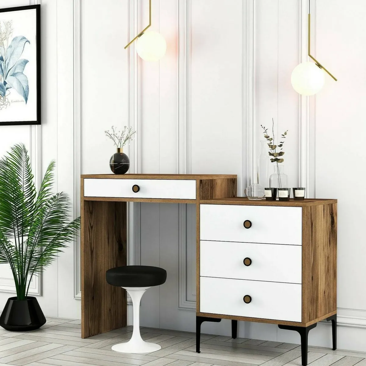 Consolle|Salotto > Dmora Consolle da trucco 124x40x84h cm noce e bianco - Artegna Bianco, Marrone Noce